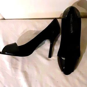 Michael Shannon black swede and patent leather sz 10 pumps 3 in heel open toe